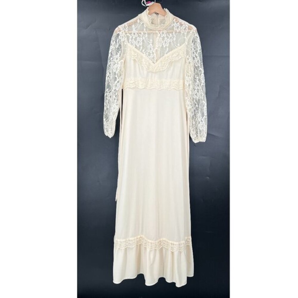 60s‎ 70s Vintage handmade prairie high neck lace coquette girl wedding dress M